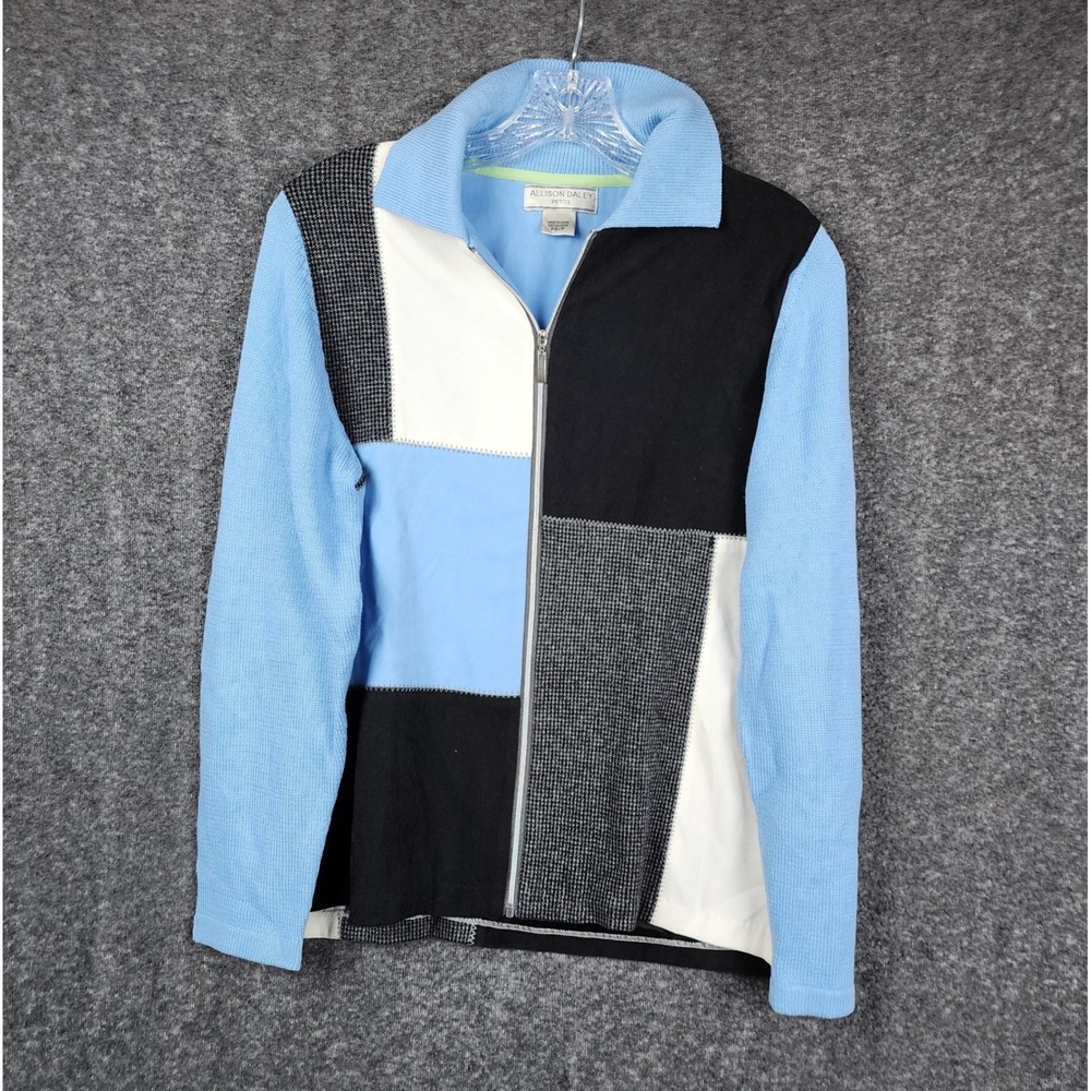Allison Daley Zip Up Cardigan Women PS Blue Colorblock Houndstooth Knit Jacket